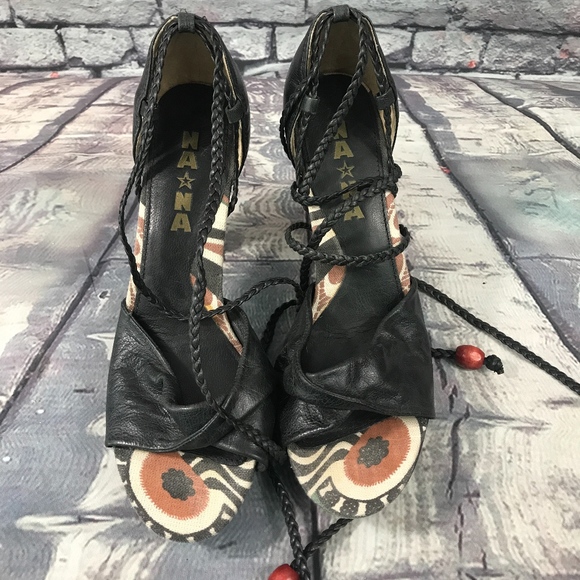 NA NA Leather Strappy Braid Heels Fabric Accent - Picture 2 of 8